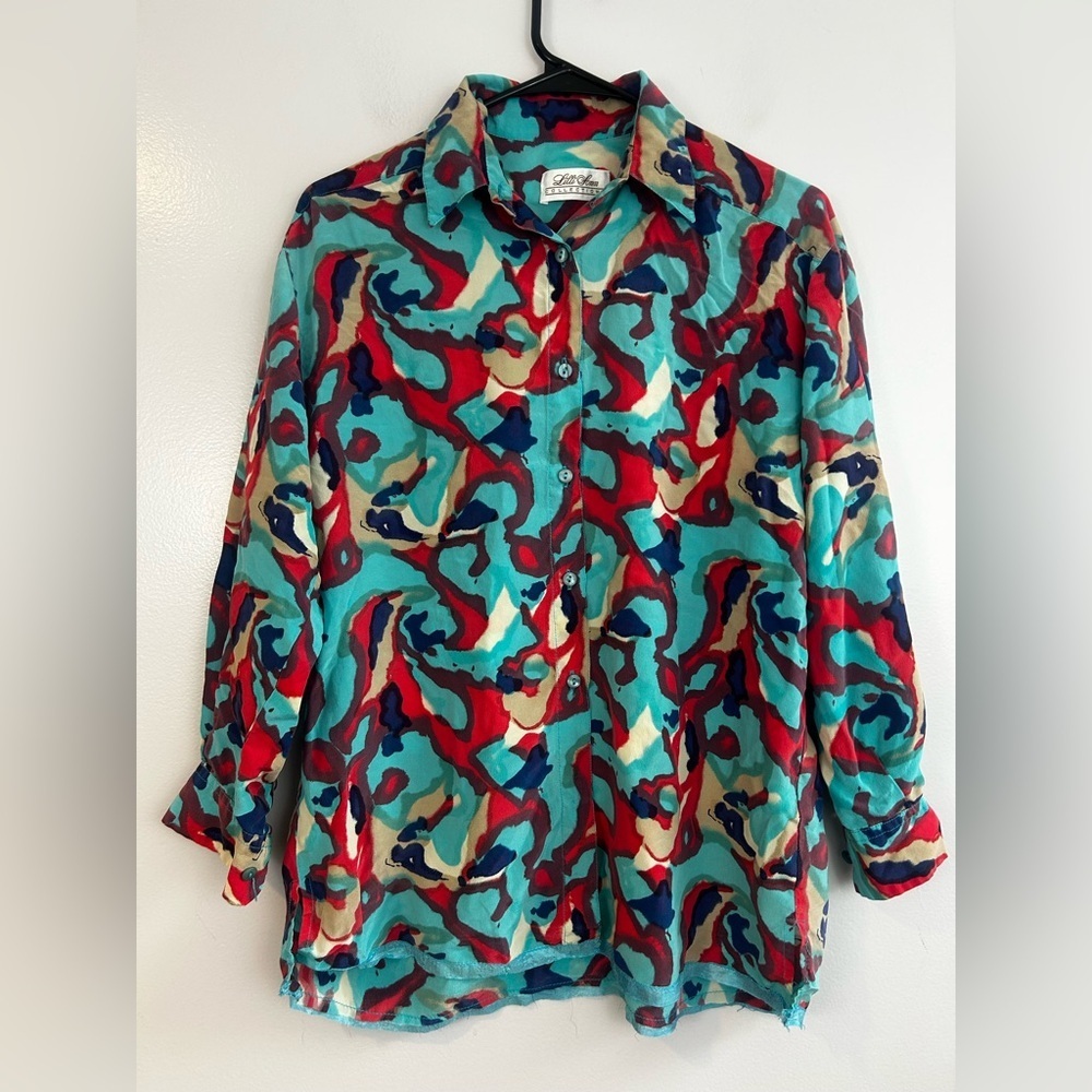Vintage Lilli Ann Red/Blue Abstract 100% Silk Button Down Shirt FLAW Large/XLarg